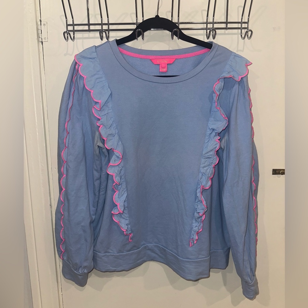 🌸Lilly Pulitzer Blue Sweatshirt with Pink Ruffled Trim🌸
